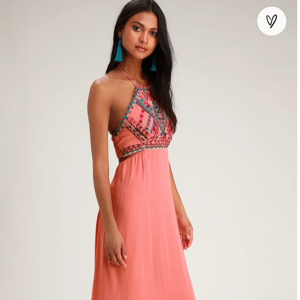💗 Little Beach Coral Pink Embroidery Maxi Dress 💗